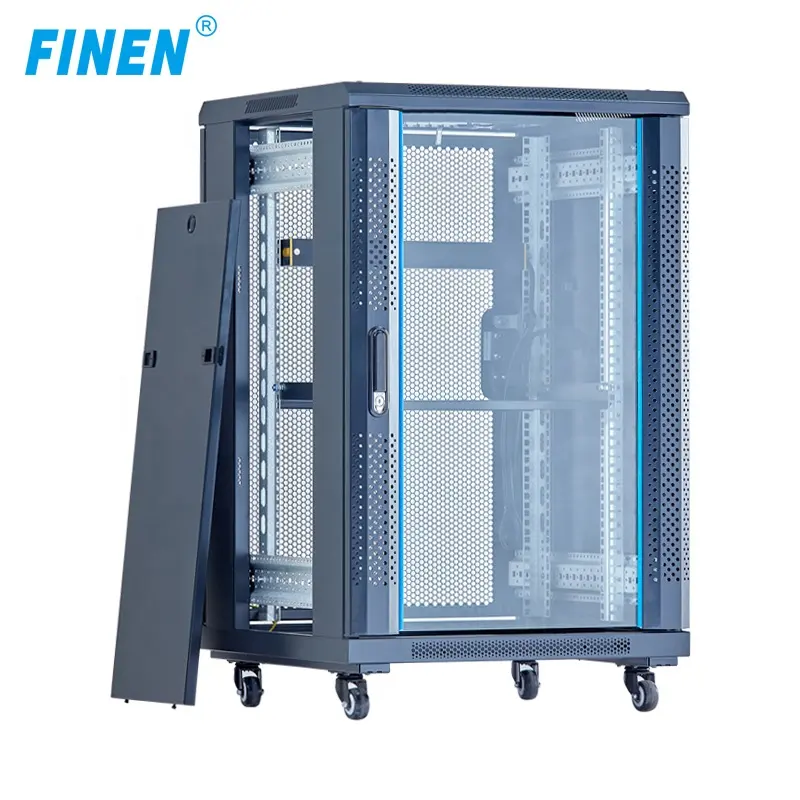 FINEN 22U 600x800 Glass door telcom cabinet with castors