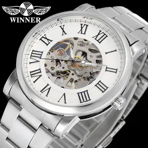 นาฬิกาสายสแตนเลสสตีลกลไกคลาสสิก T-WINNER สำหรับผู้ชาย,นาฬิกาโครงกระดูกมือหมุน Relojes Hombre