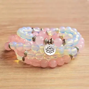 SN1372 108 Spiritual Stones Lotus Mala Bracelet Fertility Opalite Bracelet Womens Wrap OM Rose Quartz Stretch Bracelet