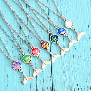 Sirena compemente Colgante Collar 12mm collet Resina escala colorido Joyería Producto de plata cola de pez - Product Image 1