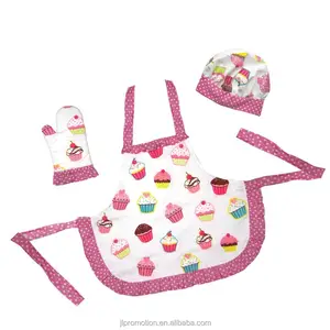 100% cotton off set printing apron The Little Cook/Child's 3-piece Ruffled Cupcake Apron Set