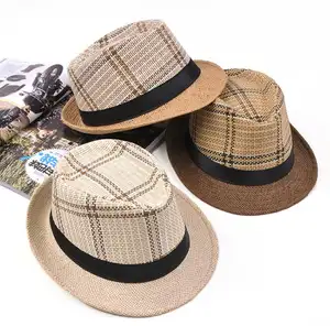 Cappelli di paglia fedora promozionali economici plaid unisex su misura cappello di paglia sole estivo fornitore cinese