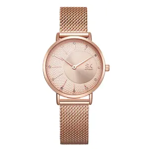 Shengke relógios de pulso ultra finos, relógios ultrafinos para vestir, de aço, malha, bonitos, quartzo, relógio de pulso, bayan kol saati k0093