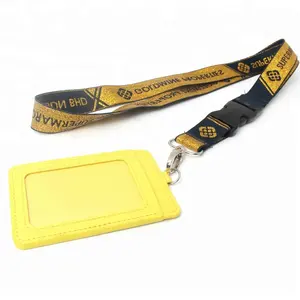 Free Sample Customized Label Logo Golden Metallic Thread Breakaway Woven Neck Lanyard with ID Holder