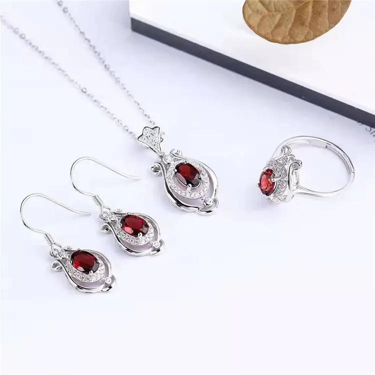 925 silver natural red garnet earring necklace pendant adjustable ring trendy jewelry set for women