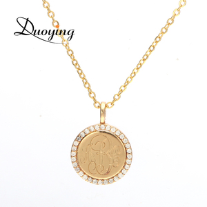 18k Gold Zirconia Paved <strong>Coin</strong> Disc Custom Monogram Letter <strong>Necklace</strong> - Product Image 1