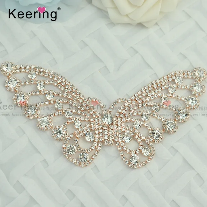 Keering May Trên Hoa Hồng Vàng Bướm Rhinestone Đính Với Kim Loại Pha Lê Embellishments Đối Prom Dress WRE-299