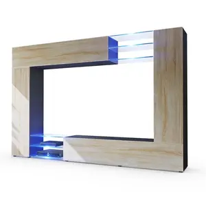 高光发光二极管照明玻璃搁板木制客厅橱柜电视凳，带2个公寓挡板