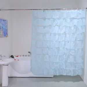 High Quality Elegant Blue Ruffle Valance Shower Curtain For Hotel