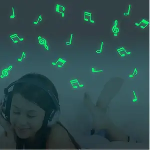 Adesivos luminosos de parede, notas de música, decoração para quarto