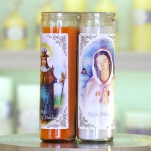 Bougie en verre longue personnalisée avec étiquette privée, religieuse, catholique, pour église, avec saint - Product Image 1