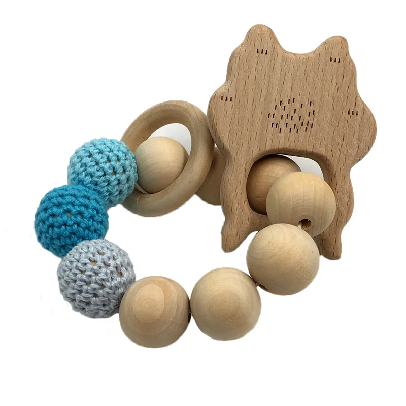 Baby Wooden Teether Bangle Crochet Bead Teething Ring Natural Organic Wooden Animal Untreated Beech Teething Grasping Toy