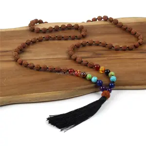 ST0435 108 Beads Pryaer Rudraksha Knotted Unisex Black Tassel Mala Charkra Bodhi Seed Necklaces