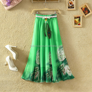 Hot New Plus Size Peacock Feather <strong>Silk</strong> Elastic Waist Big Bottom Printed Bohemia <strong>Skirt</strong> Women Full <strong>Long</strong> Chiffon <strong>Skirt</strong> - Product Image 5
