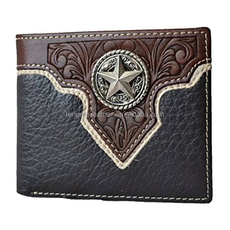 Men western cowboy brown leather texas star concho bifold small wallet