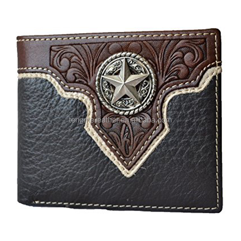 Men western cowboy brown leather texas star concho bifold small wallet