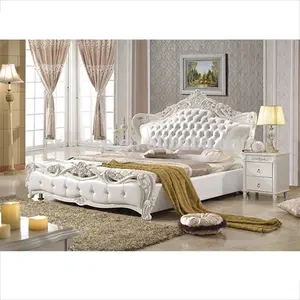 Reale di lusso di stile bianco letto in pelle camera da letto in legno massello letto