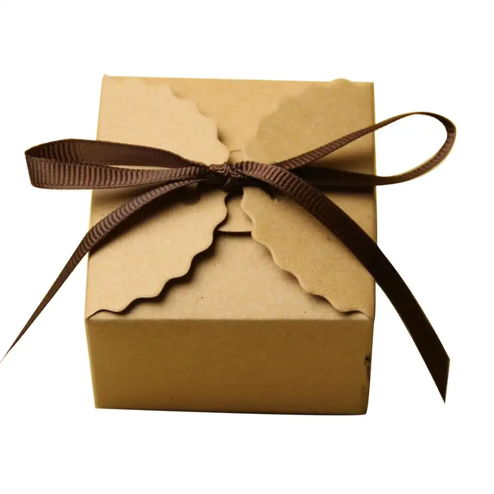 Белая, коричневая коробка из крафт-бумаги для конфет, Подарочная коробка, свадебный подарок с лентой