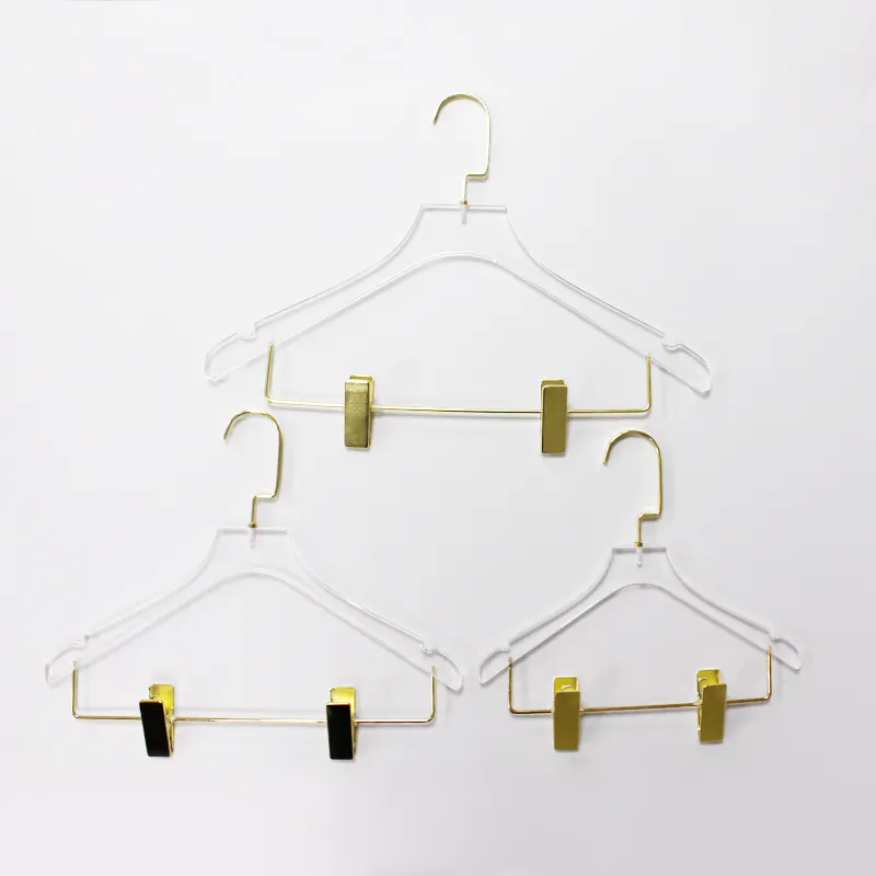 Wholesale clear acrylic coat suits dress clothes hangers with golden clips for home/garment stores custom size and logo printing