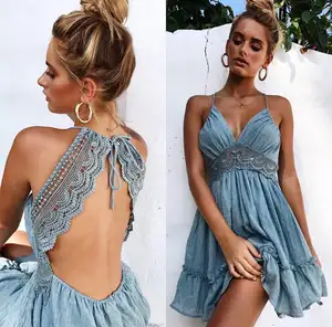 Mini vestido de renda sem costas, vestido feminino com alça espaguete, renda, frente única, vestido de praia 2023