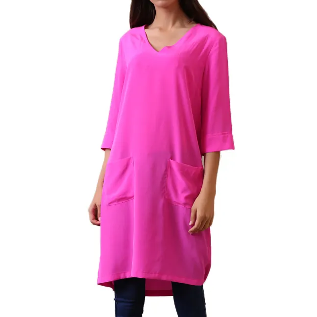 Vestido básico tipo túnica de seda, pedra de crepe de seda pura lavada, gola em v, linha a, vestido túnica para mulheres