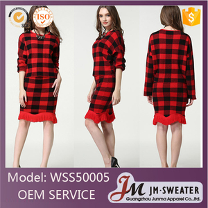 Último vestido de cuadros rojos patrones señoras suéter de lana de la falda conjunto - Product Image 1