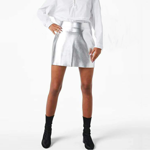 Simple Bright <strong>Silver</strong> PU Leather <strong>Skirt</strong> Patent Leather <strong>Skirt</strong> a Word Bag Hip Slim Slimming <strong>Skirt</strong> - Product Image 2