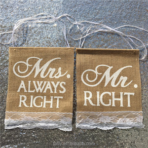 <span class=keywords><strong>Mr</strong></span> <span class=keywords><strong>Right</strong></span> & Mrs sempre a destra sedia di iuta segno bandiera stamina rustica matrimonio in tela per feste forniture decorative per sedie - Product Image 6