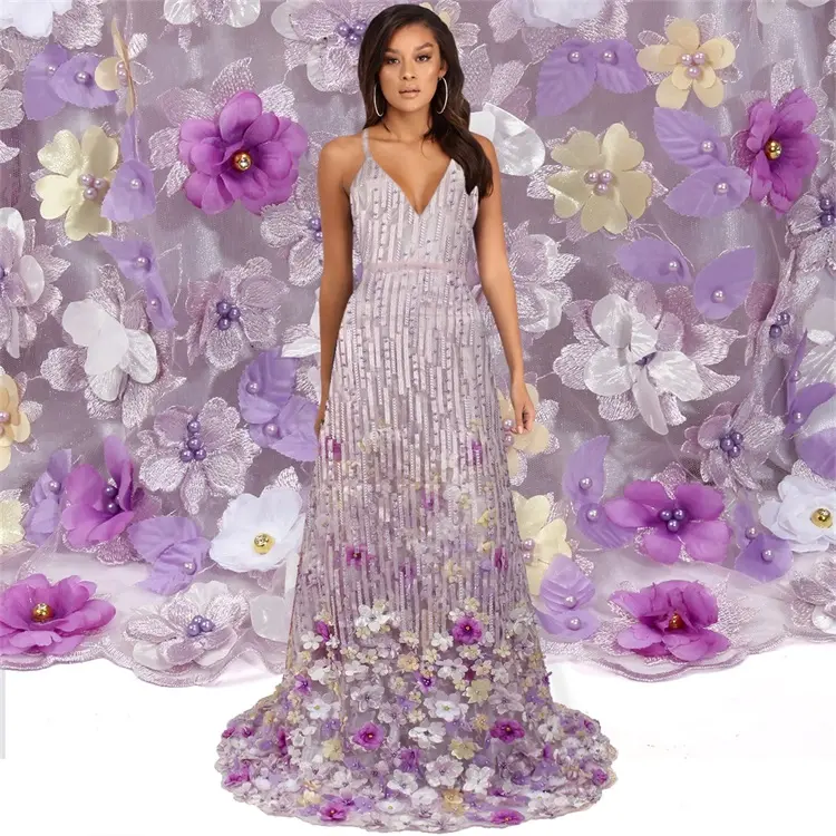 Nigerian vestidos de renda 2018, feminino, elegante, em renda, lilac 3d, bordado, com renda, fl7002