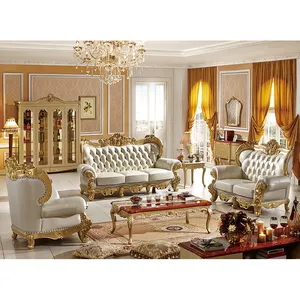 Foshan Royal Set Furnitur Ruang Tamu Italia, Set Sofa Daun Emas Mewah