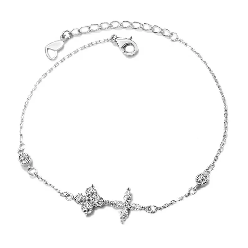 RL11 Italy Gorgeous 925 Silver Lucky Four Leaf Clover Charm Bracelet For Girls