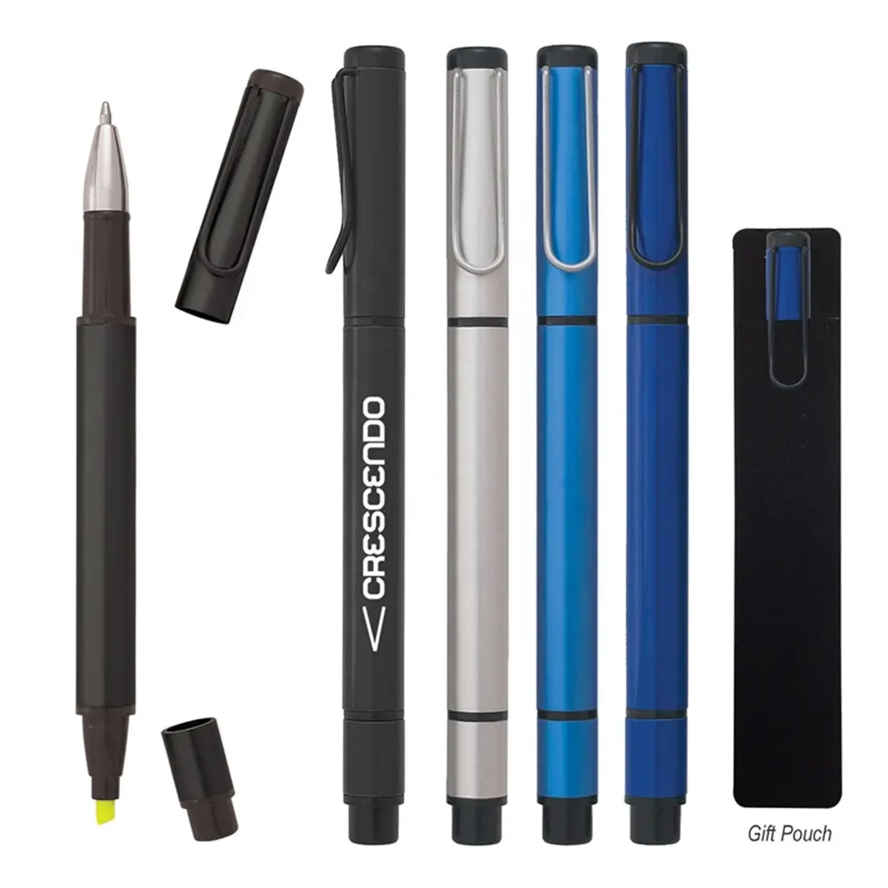Пластиковая ручка 2 в 1, двойная функциональная ручка с черными чернилами, зубильный наконечник, желтый хайлайтер, умный зажим, подарочный пакет