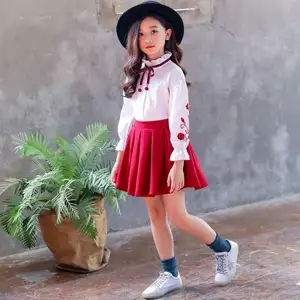 Embroidery floral blouse and pleated skirt 2pcs kids girls boutique clothing set