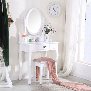 Meuble de chambre à coucher en <span class=keywords><strong>bois</strong></span> <span class=keywords><strong>blanc</strong></span> au design moderne, coiffeuse avec tabouret <span class=keywords><strong>et</strong></span> miroir rond - Product Image 3