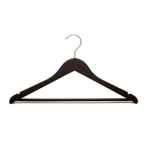 Custom Non-Slip Notches Soft Black Rubber Coated Wooden Suit Clothes Hangers with Bar