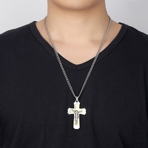 Collier pendentif <span class=keywords><strong>croix</strong></span> multi-couches en or Jésus-Christ <span class=keywords><strong>pour</strong></span> hommes Chaîne en acier inoxydable <span class=keywords><strong>pour</strong></span> hommes Cadeau de bijoux 60 cm - Product Image 4
