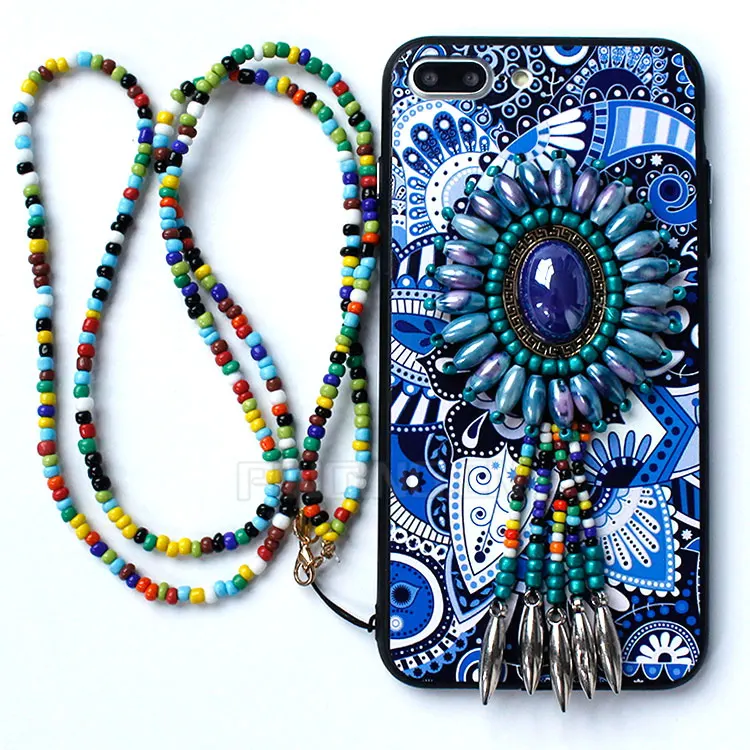 Kleurrijke Acryl Soft Cover Case Nationale Stijl Strass Sieraden Kwasten Mobiele Telefoon Case Voor Iphone 7 7Plus Om 14 pro Max 3d