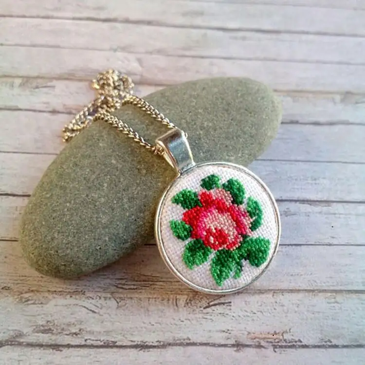 Hand embroidered jewelry English teacher gift for her Mini embroidery hoop art pendant rose Petit point necklace Pink Flower
