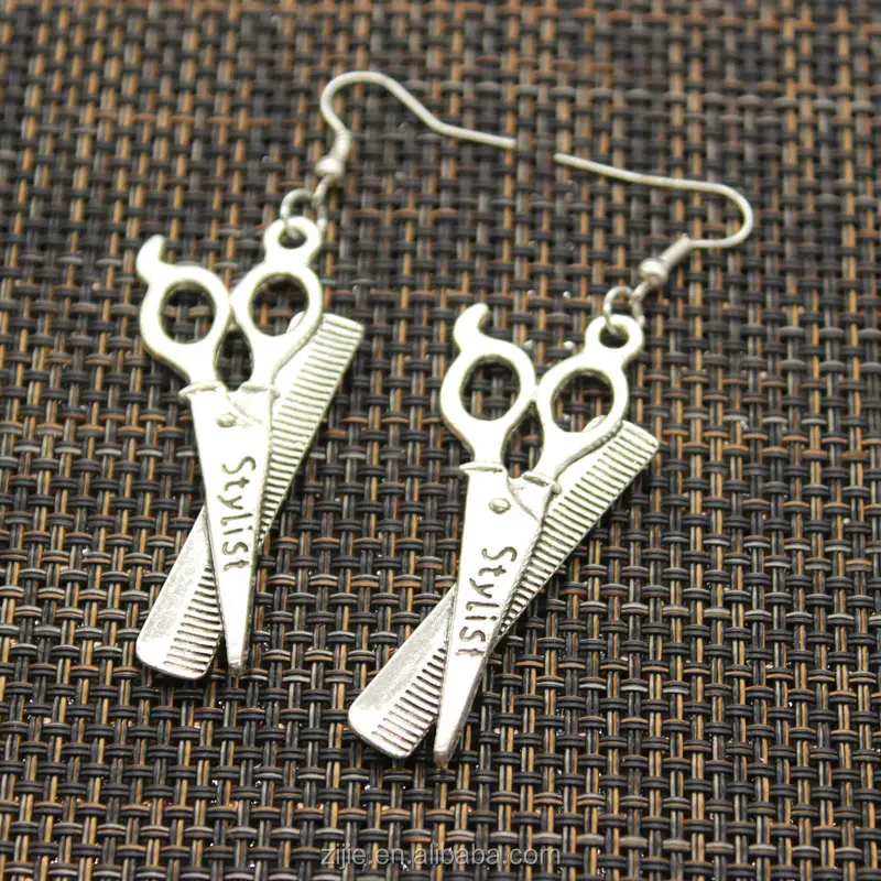 High quality charming barber scissor comb stylist earring antique silver fashion jewelry accessories earring for gift