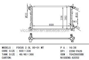 DPI 2296-PA26原始设备制造商YS4Z8005BB福特福克斯2.0l 00-01公吨汽车铝散热器中国制造商VICCSAUTO