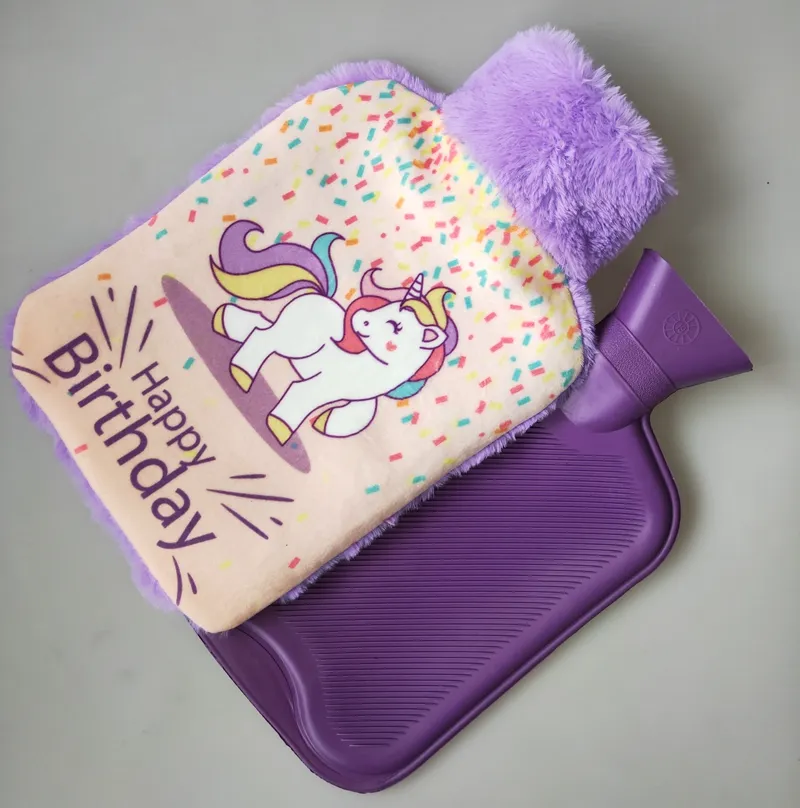 cute printing on soft plush and fur cover with BS quality rubber hot water bottle for holiday gift