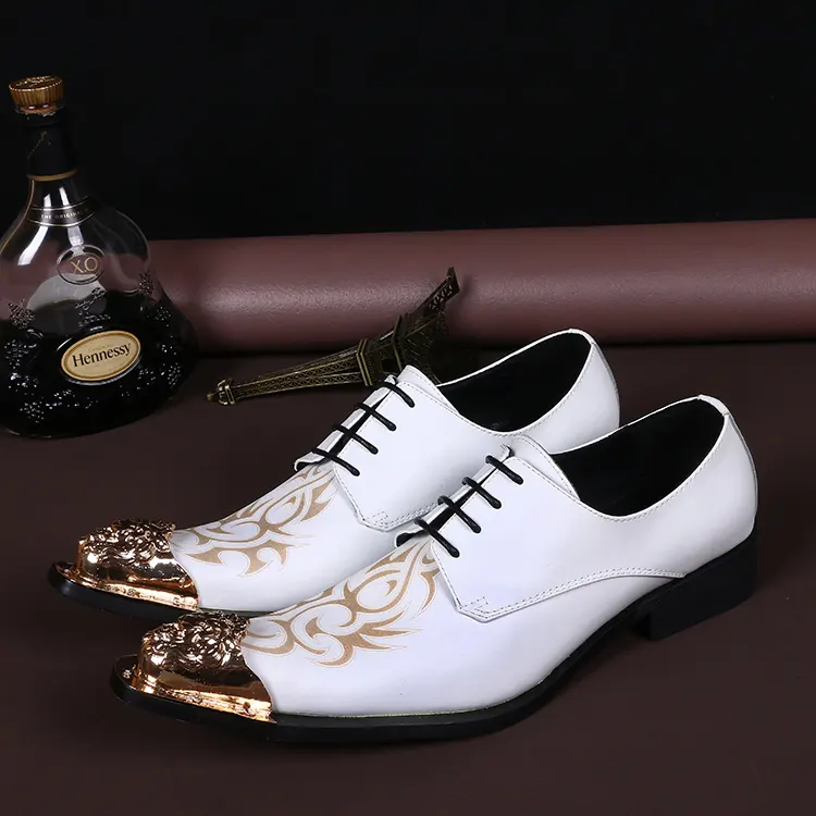 NA045 Chaussures formelles pour hommes en cuir véritable blanc, métal, bout pointu, chaussures habillées, chaussures de fête, grande taille