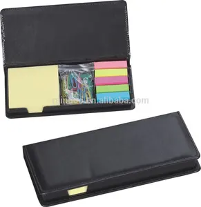 promotional colorful sticky desk memo pad set in pu leather box with colorful clips