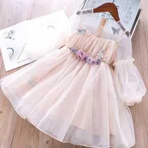 Spring Tulle Party Pink Baby Girls Dresses Long Sleeve Lace Butterfly Fancy Dress Kids Clothes Wholesale