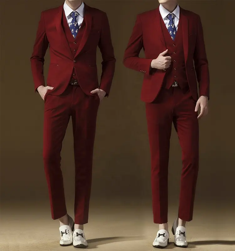 2019 wine red color design men wedding suit high quality Woolen Fabric men suit tuxedo