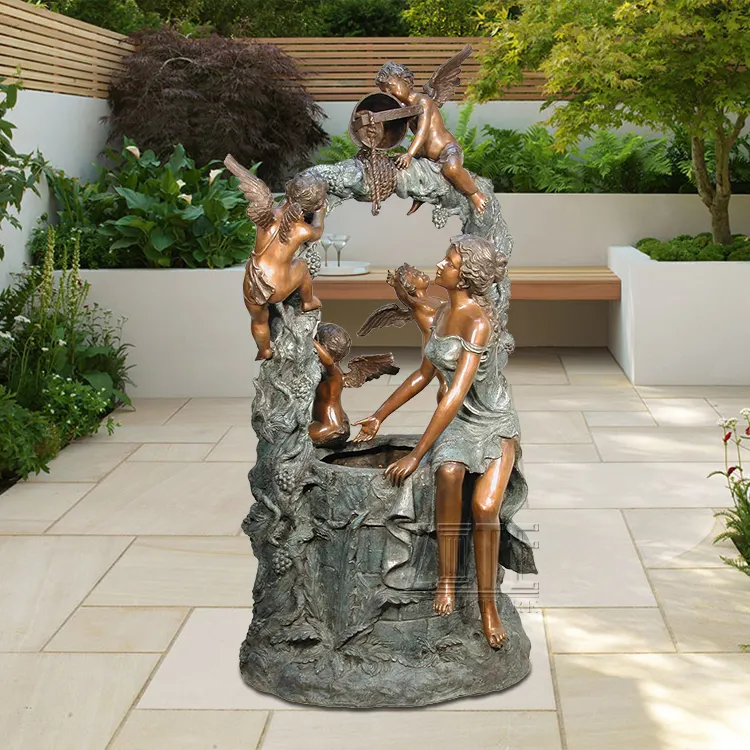 Outdoor brass bronze fountain with children and woman sculpture