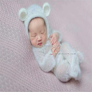 Combinaison en tricot mohair pour nouveau-né, grenouillère à capuche, bonnet et accessoires de photographie pour bébé fille - Product Image 4