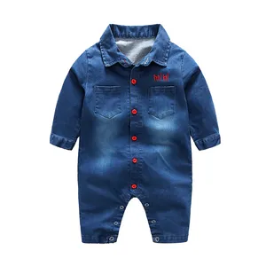 Baju Monyet Bayi Baru Lahir, Jumpsuit Panjang Kancing Jeans Lembut Saku Mode Baru Lahir 2019