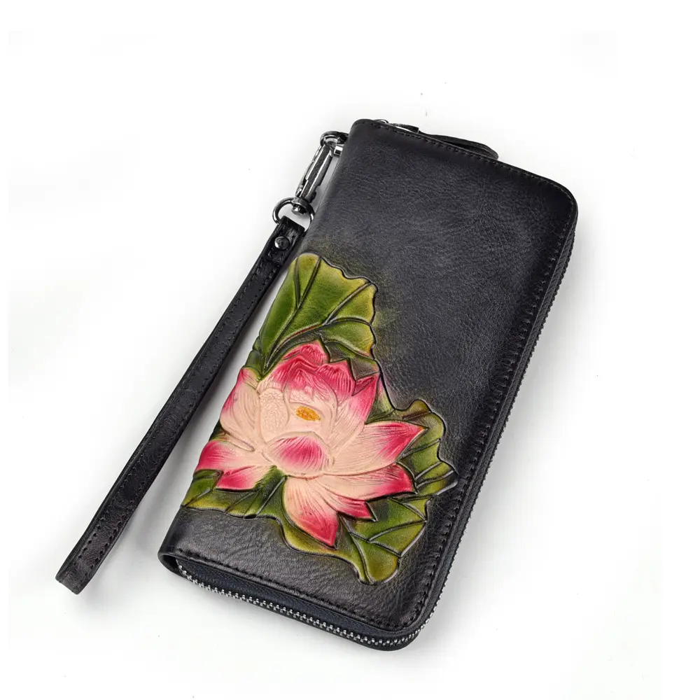 Großhandel Vintage echtes Leder mobile Brieftasche geprägtes Blumen-Geldbeutel Reißverschluss Damenhandy Multi-Karten-Brieftasche