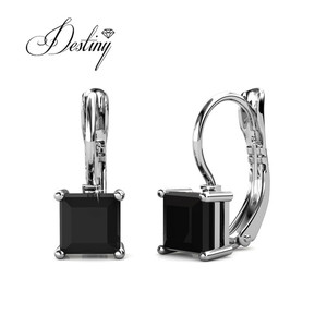 Boucles d'oreilles créoles carrées noires ornées de cristaux Swarovski, bijoux en argent sterling 925 Daisini - Product Image 3